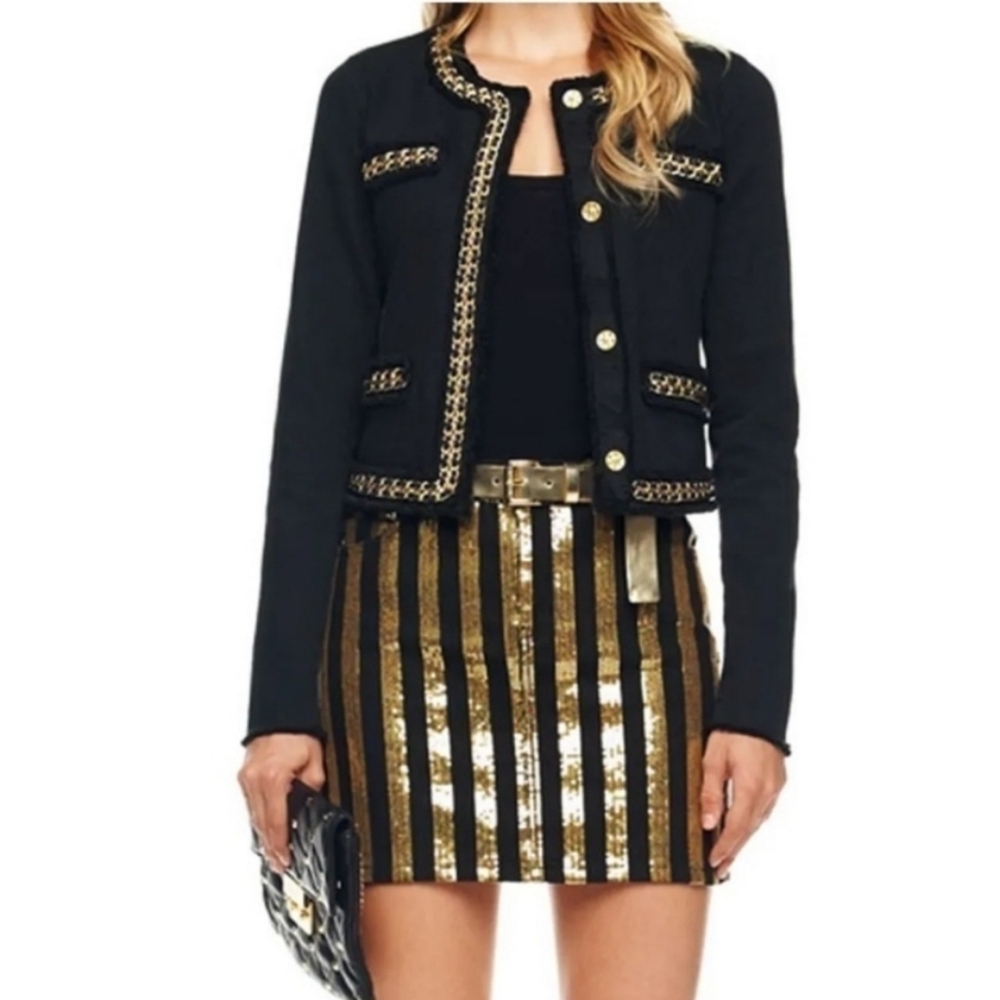 Women’s Michael Kors Gold Sequin Stripe Black Denim Mini Skirt Size 8 NWT